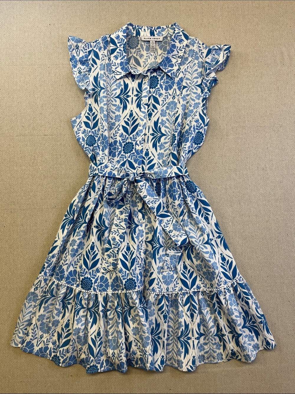 Ellen Tracy Blue White Floral Midi Shirt Dress Belted Women’s Large
